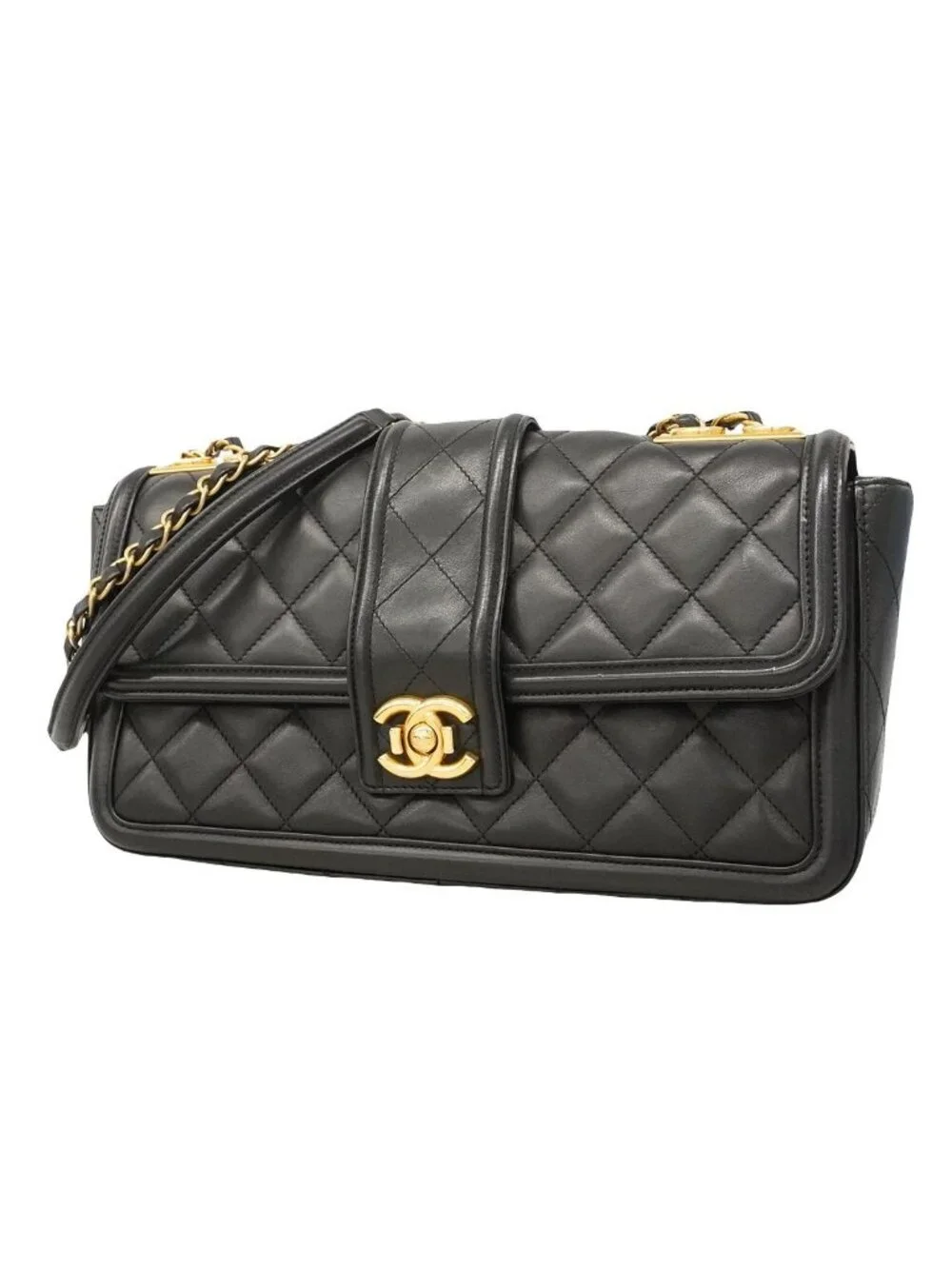 Chanel Shoulder Bag Quilted Lambskin Black Gold